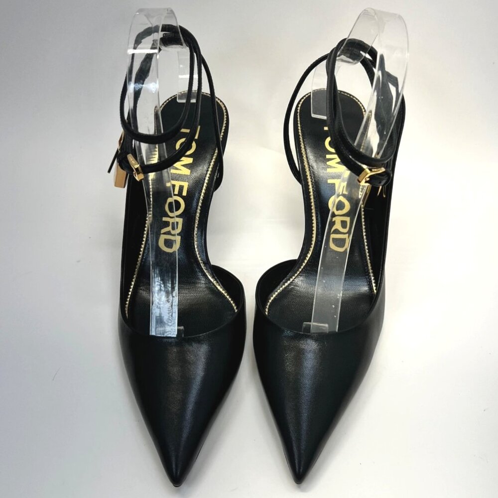 Tom Ford Padlock Black Leather Heels Women Pointed Toe Golden Kitty Heel Size 39